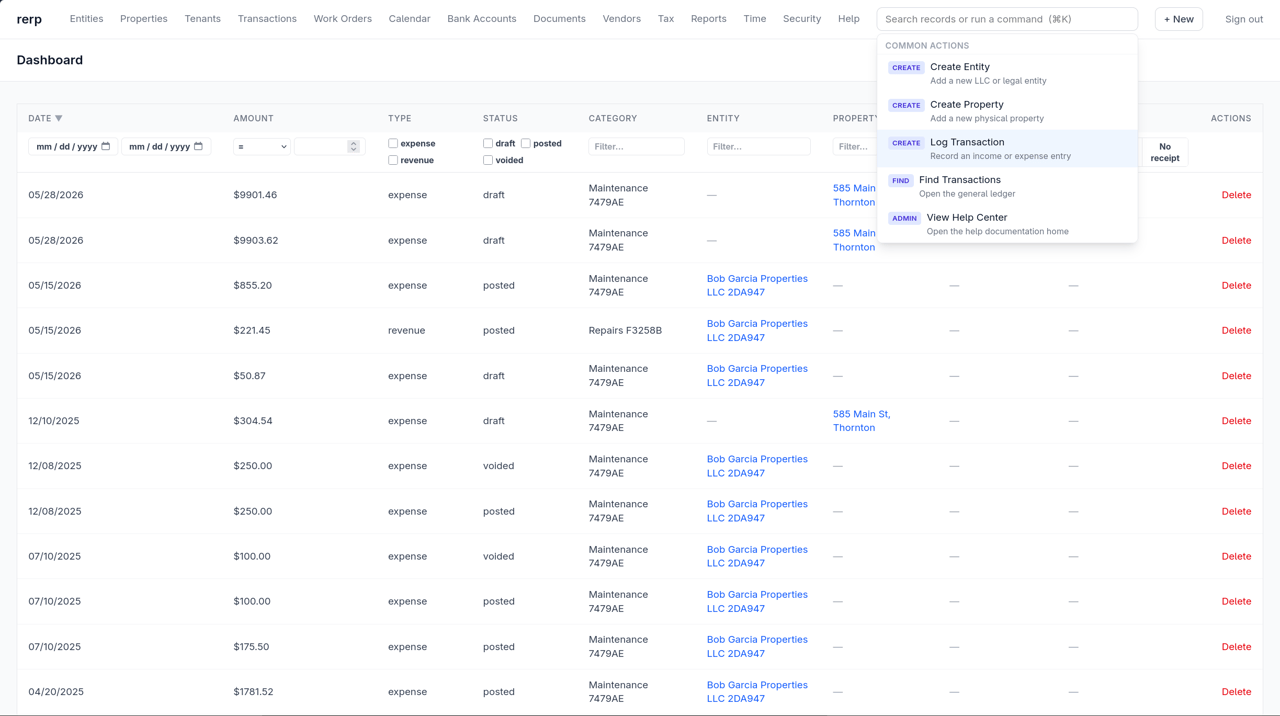 Screenshot of the RERP home screen displaying demo transactions.