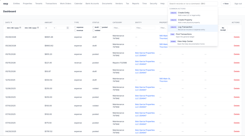 Screenshot of the RERP home screen displaying demo transactions.